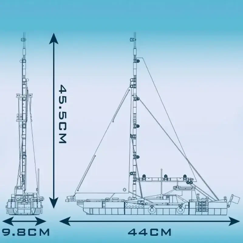 Esquema técnico de um modelo de iate com dimensões indicadas: altura 45,5 cm, comprimento 44 cm e largura 9,8 cm
