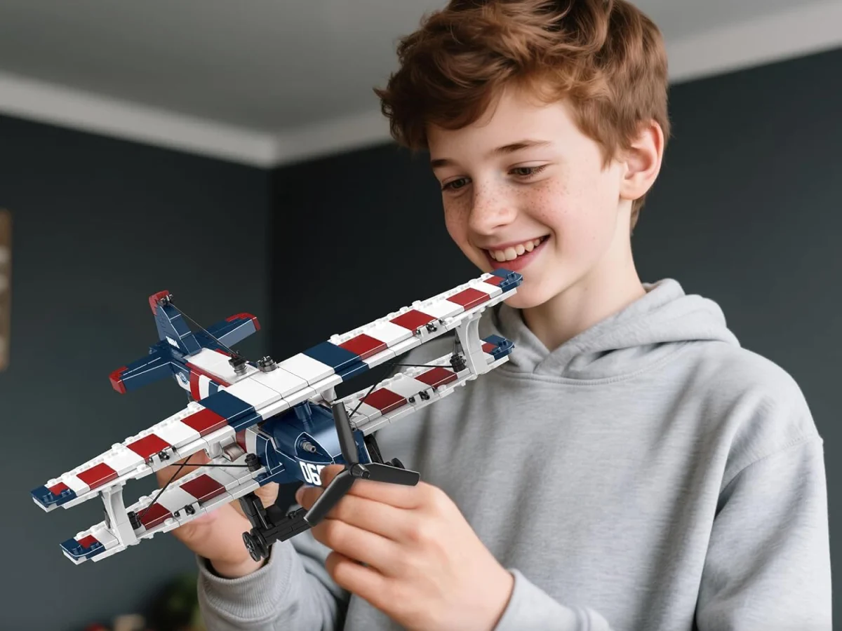 Menino sorridente segura nas m&atilde;os o modelo montado de um avi&atilde;o azul, branco e vermelho feito de blocos