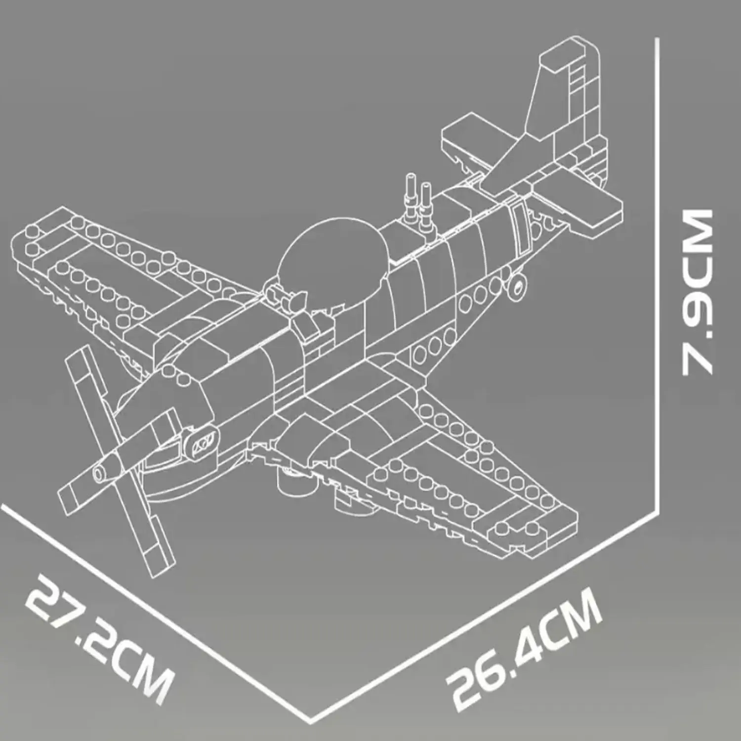 Rysunek techniczny modelu samolotu z klocków z podanymi wymiarami.