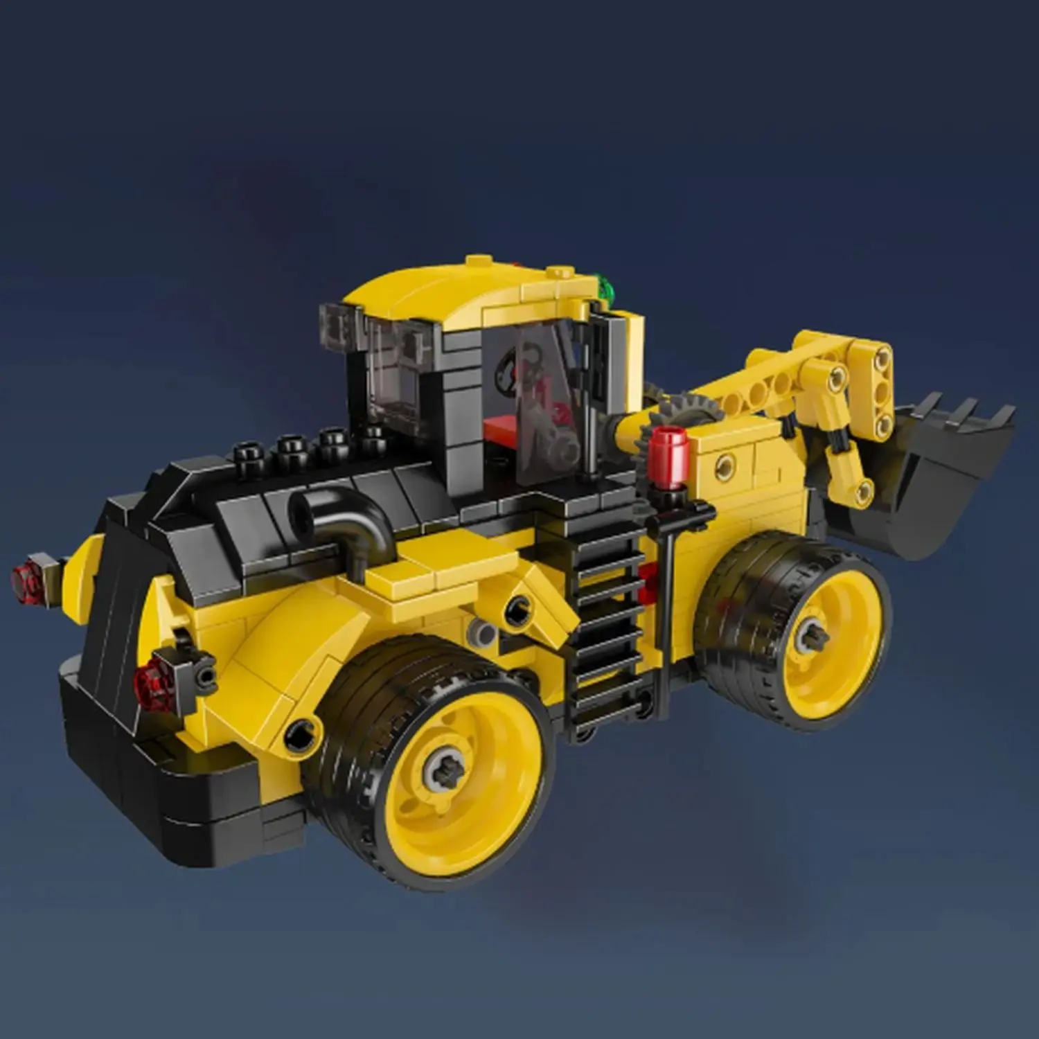 Widok z boku na model żółtego pojazdu budowlanego z czarnymi kołami i hydraulicznym ramieniem trzymającym wiadro, ukazujący szczegóły tylnej części z czerwonymi światłami.