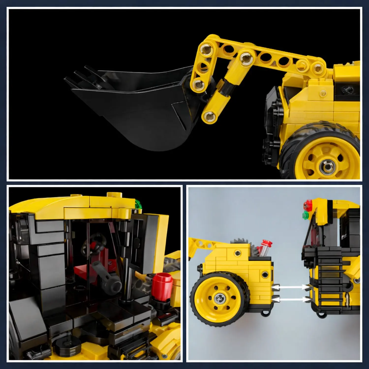 Kolaż przedstawiający szczegóły czarnego wiadra, widok wnętrza kabiny z czerwonym mechanizmem hydraulicznym oraz tylną część z kołem i detalami konstrukcji.