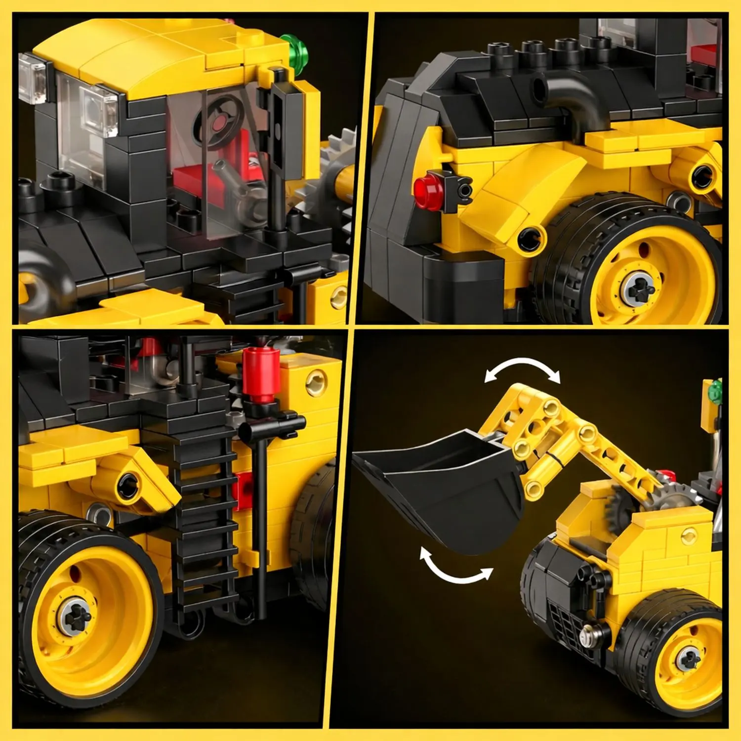 Model żółtego pojazdu budowlanego z detalami w zbliżeniu, w tym czarnym wiadrem i ruchomym ramieniem z funkcjonalnym mechanizmem podnoszenia, zamocowany na żółtych kołach.
