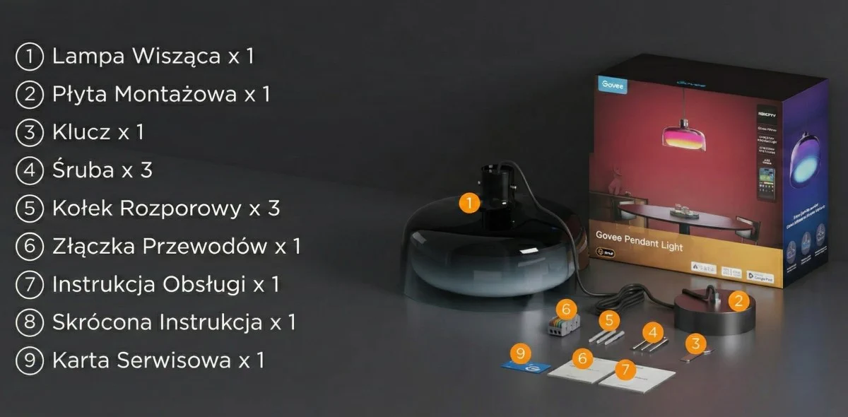 components of the Govee H60C1 pendant lamp set on a grey background