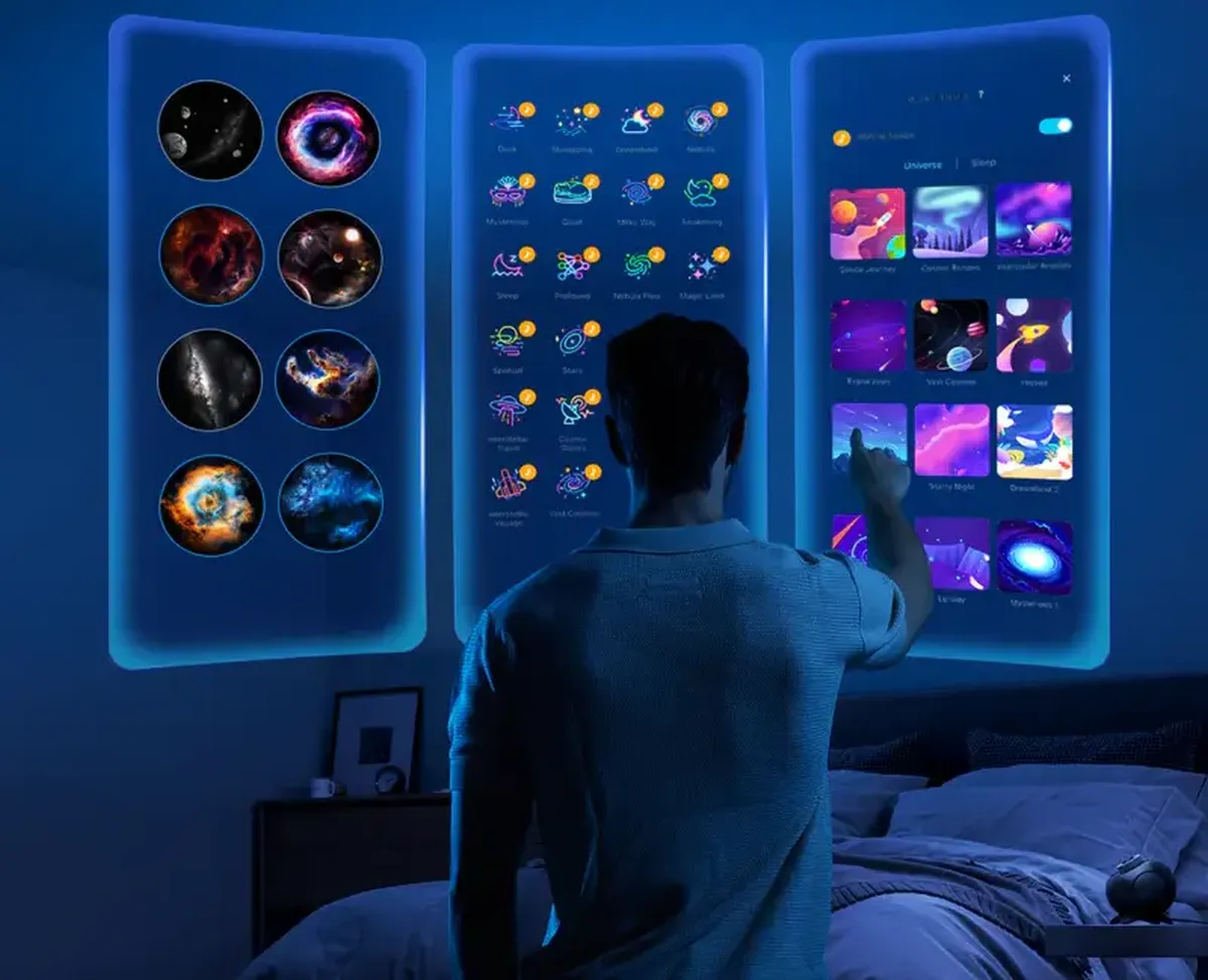 Un hombre eligiendo motivos espaciales en un panel de control digital en una habitación oscura.