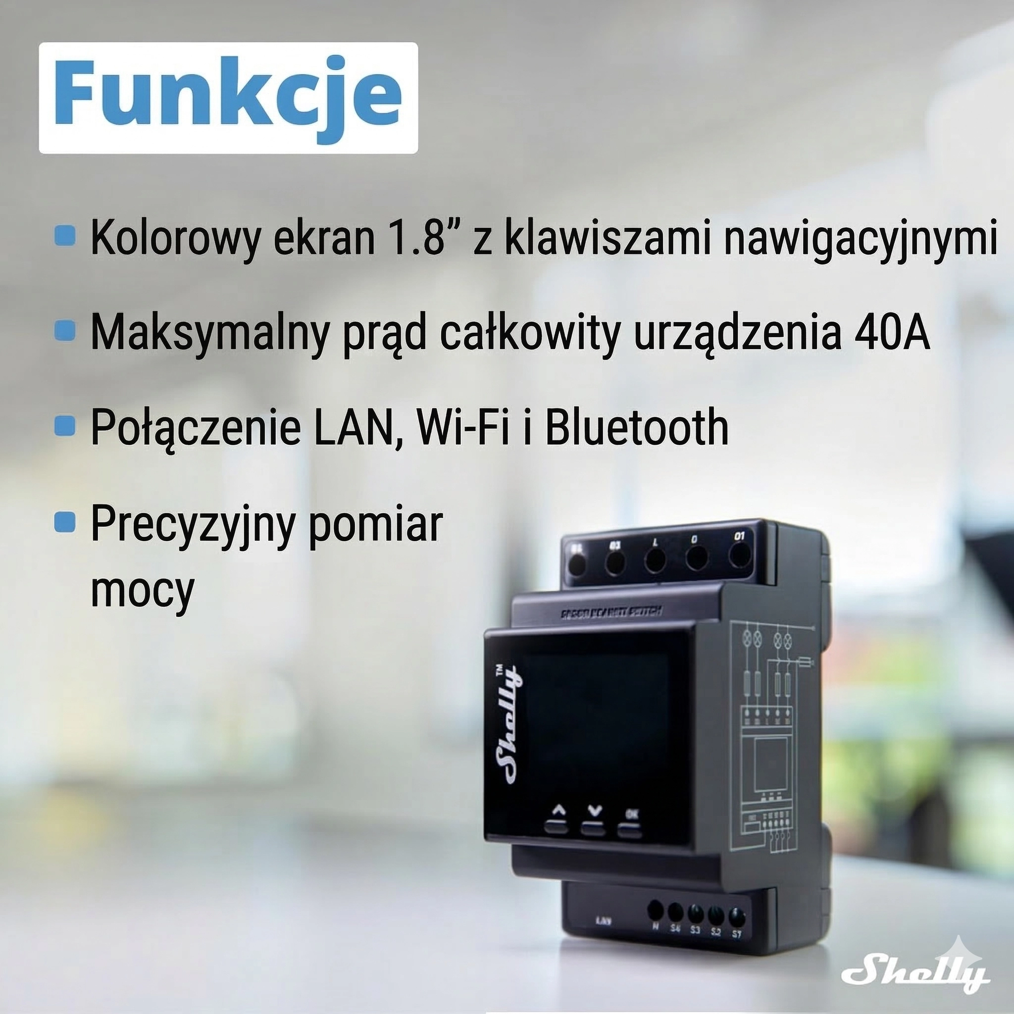 Moduł Shelly Pro 4PM z kolorowym ekranem 1,8” na tle rozmytego wnętrza biura