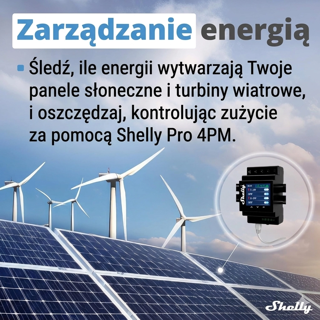 Shelly Pro 4PM na tle farmy wiatrowej i paneli słonecznych, ilustrujący zarządzanie energią