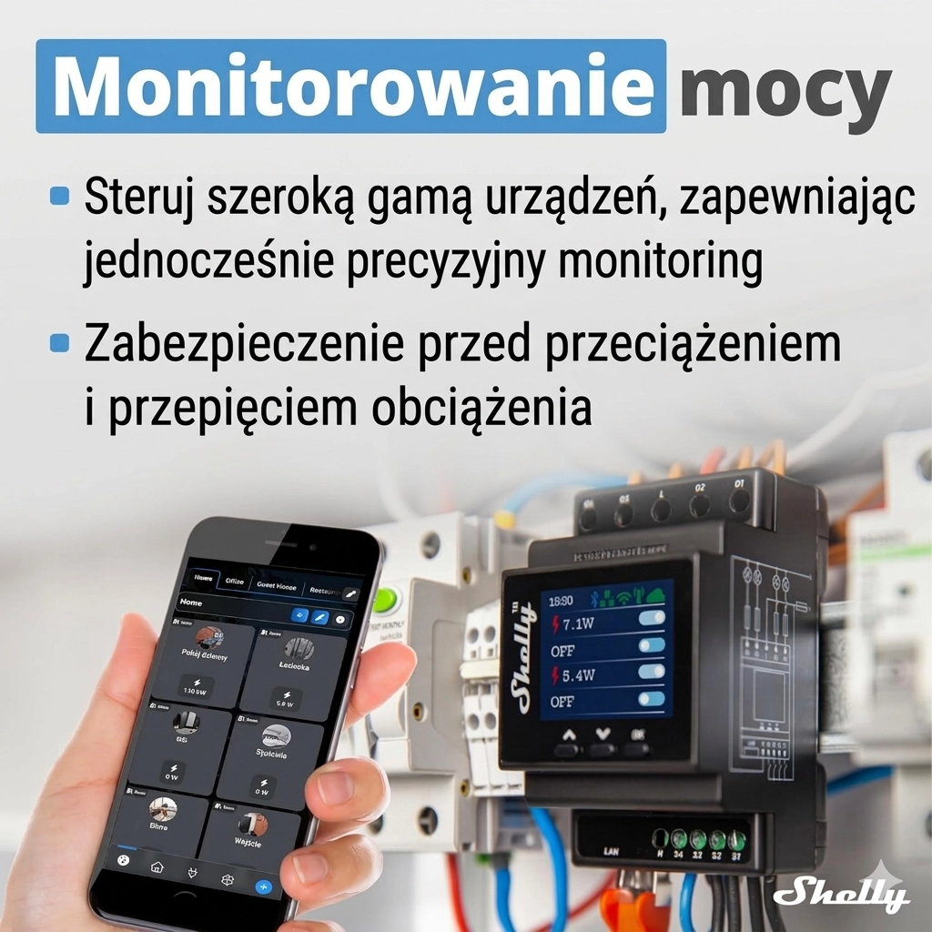 Shelly Pro 4PM z aplikacją na telefonie do monitorowania mocy, w tle widoczny panel elektryczny