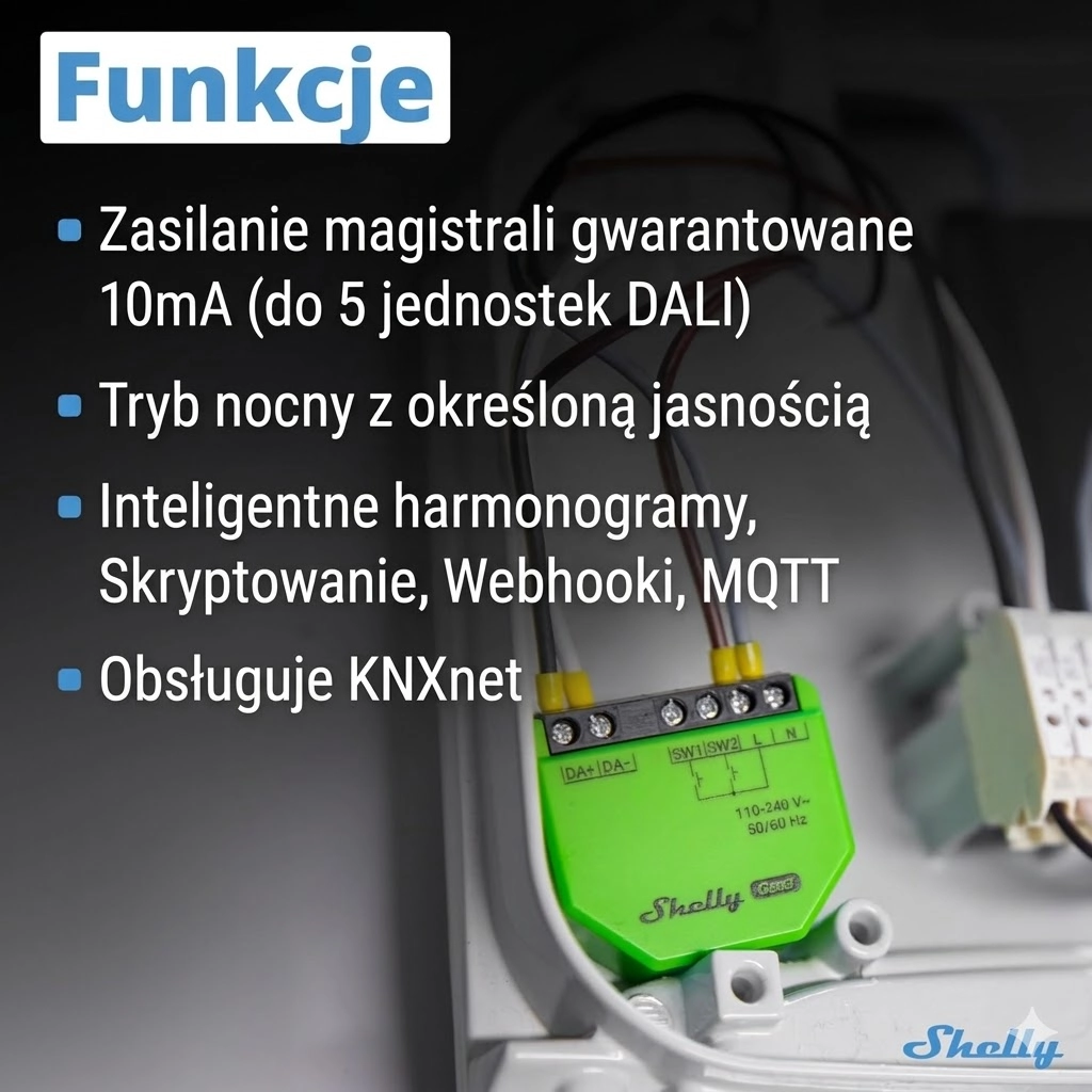 Moduł Shelly DALI Dimmer Gen3 w szafce elektrycznej, z widocznymi kablami