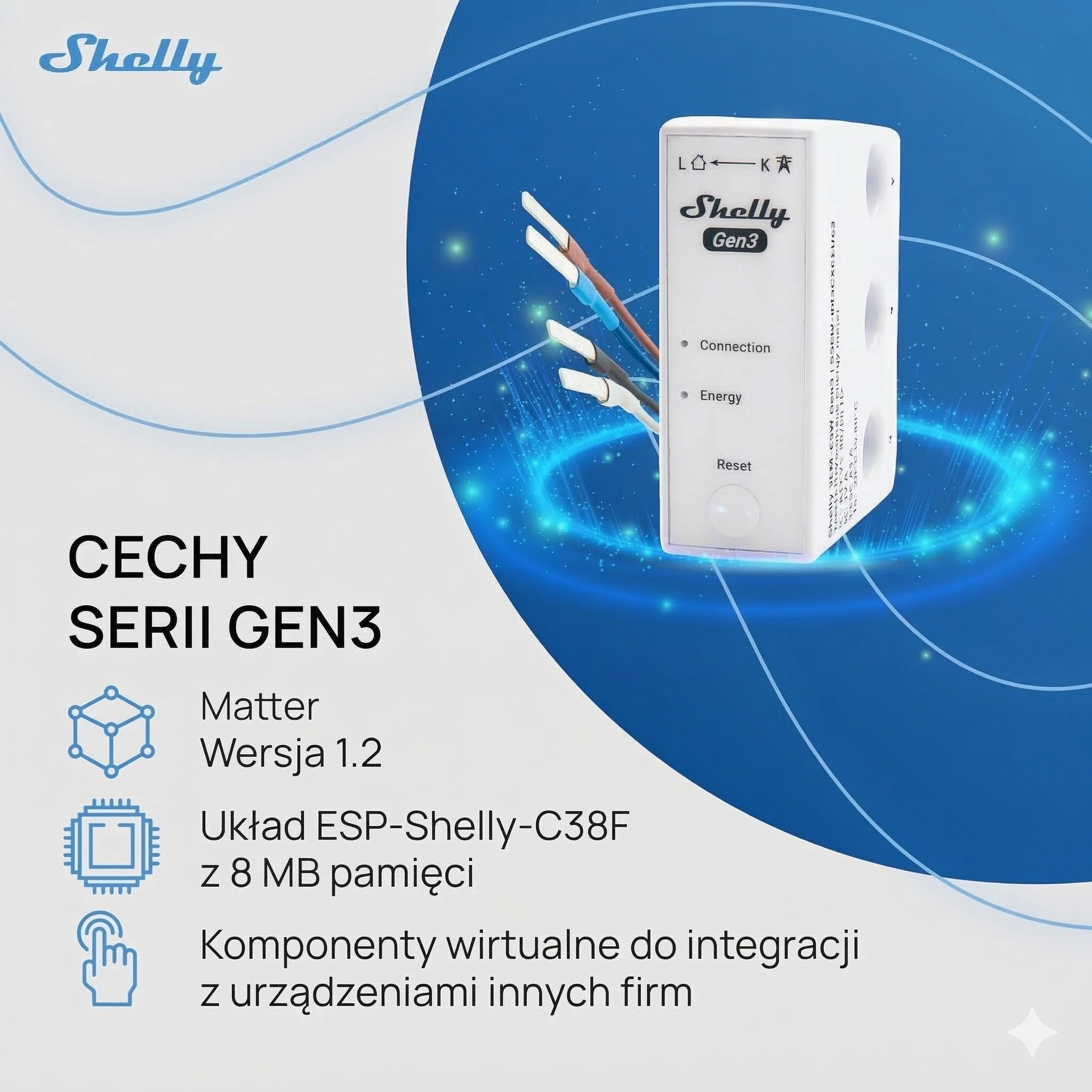 Shelly 3EM-63W Gen3 na szynie DIN z podłączeniem przewodów i opisaną funkcjonalnością