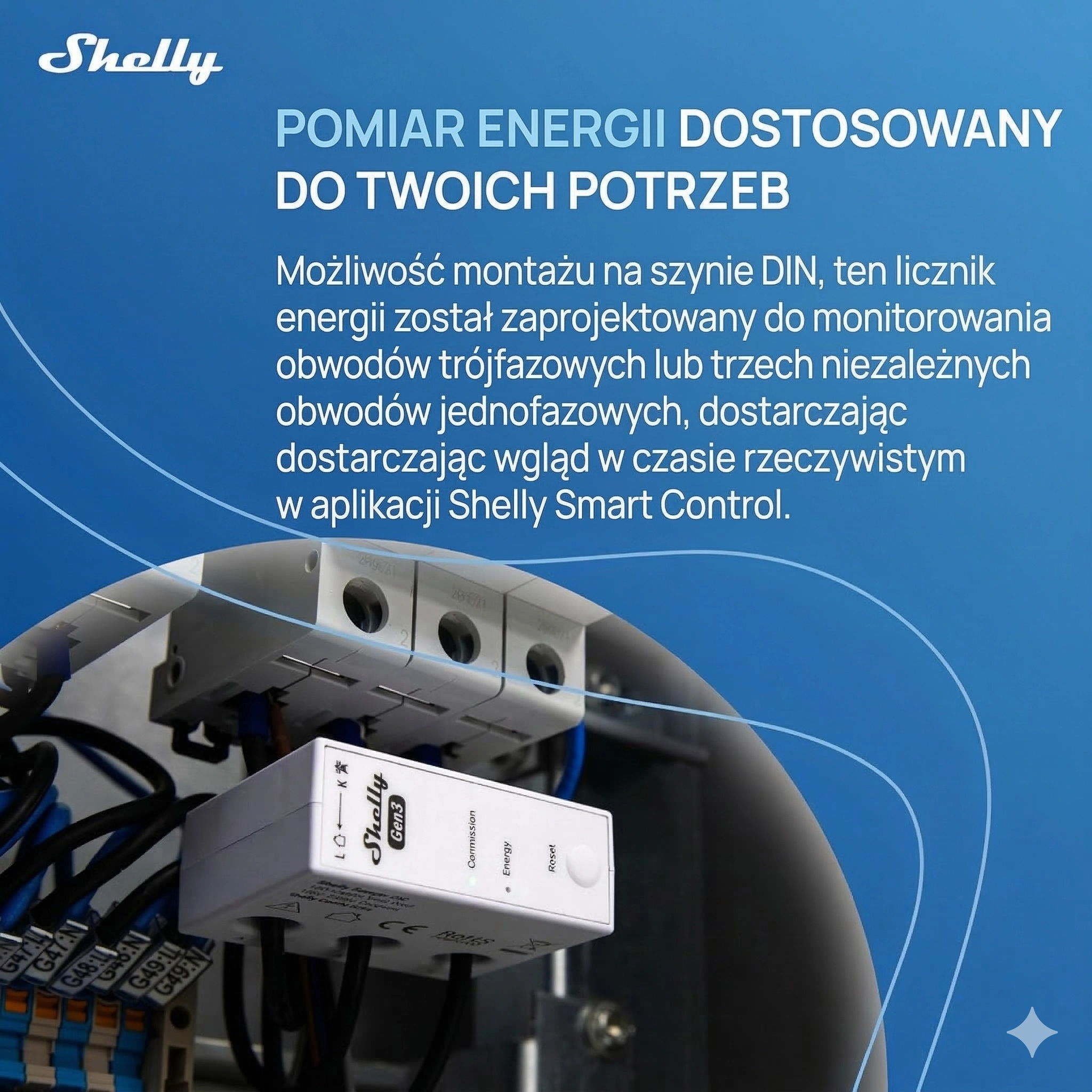 Produkt Shelly 3EM-63W Gen3 z informacjami o pomiarach energii, podłączeniu i zastosowaniu w systemach monitorowania