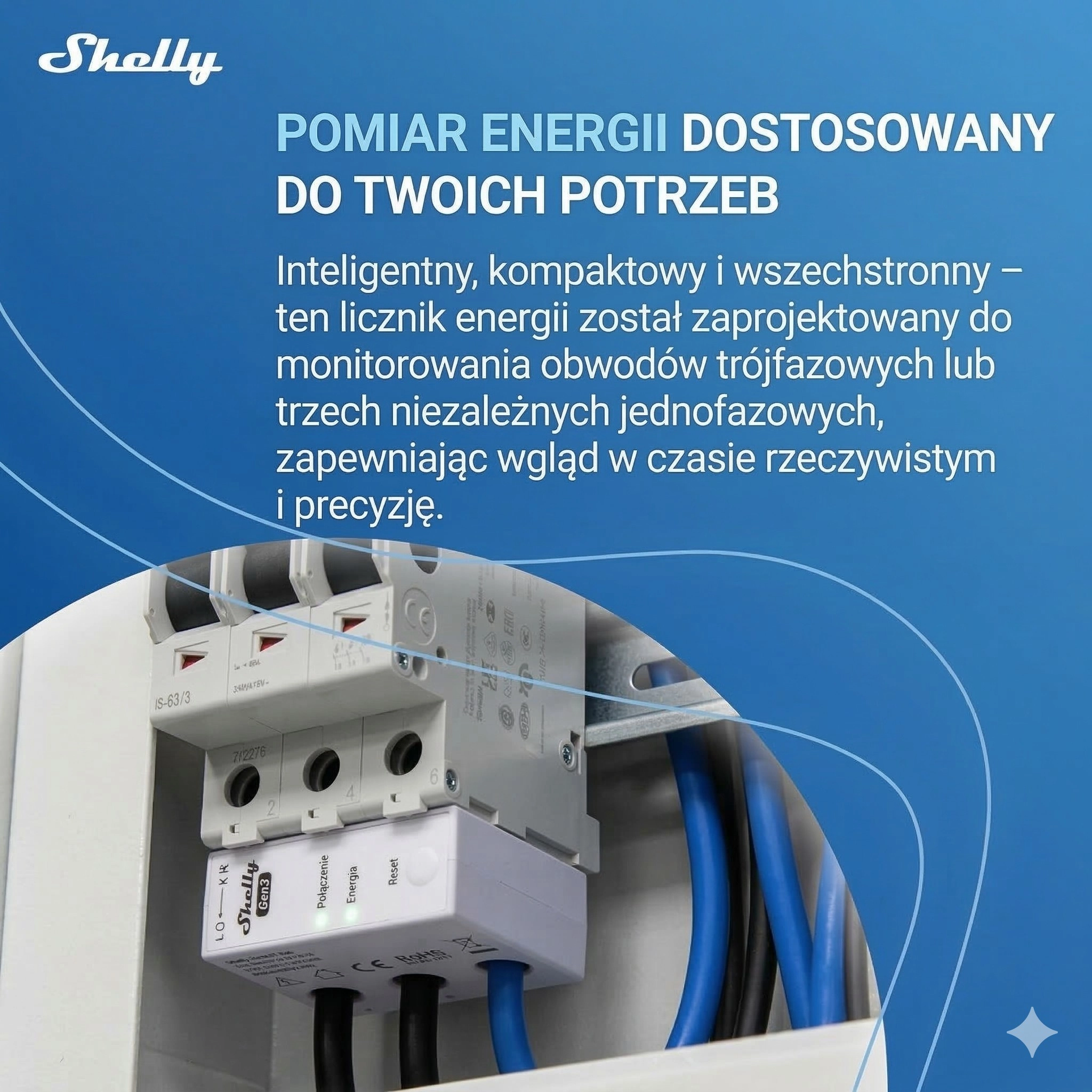 Shelly 3EM z podłączonymi przewodami, widoczny panel z oznaczeniami połączenia i energii, montaż na szynie