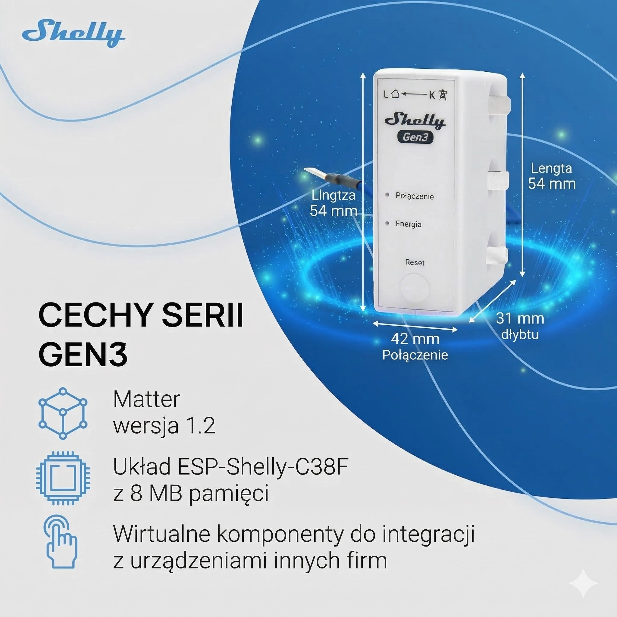 Shelly 3EM pokazany w tle z elektryczną instalacją