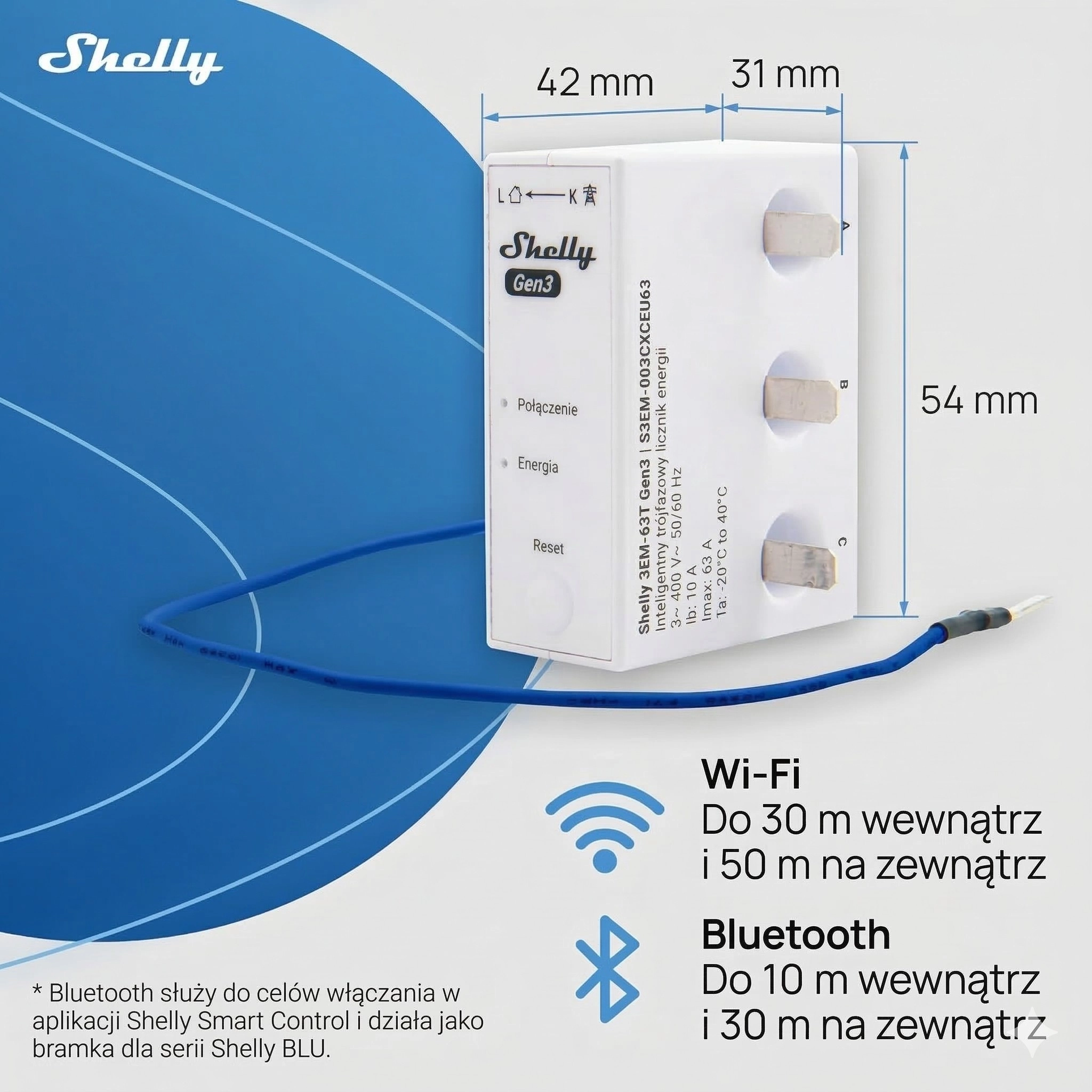 Licznik energii Shelly 3EM-63T Gen3 z niebieskim przewodem