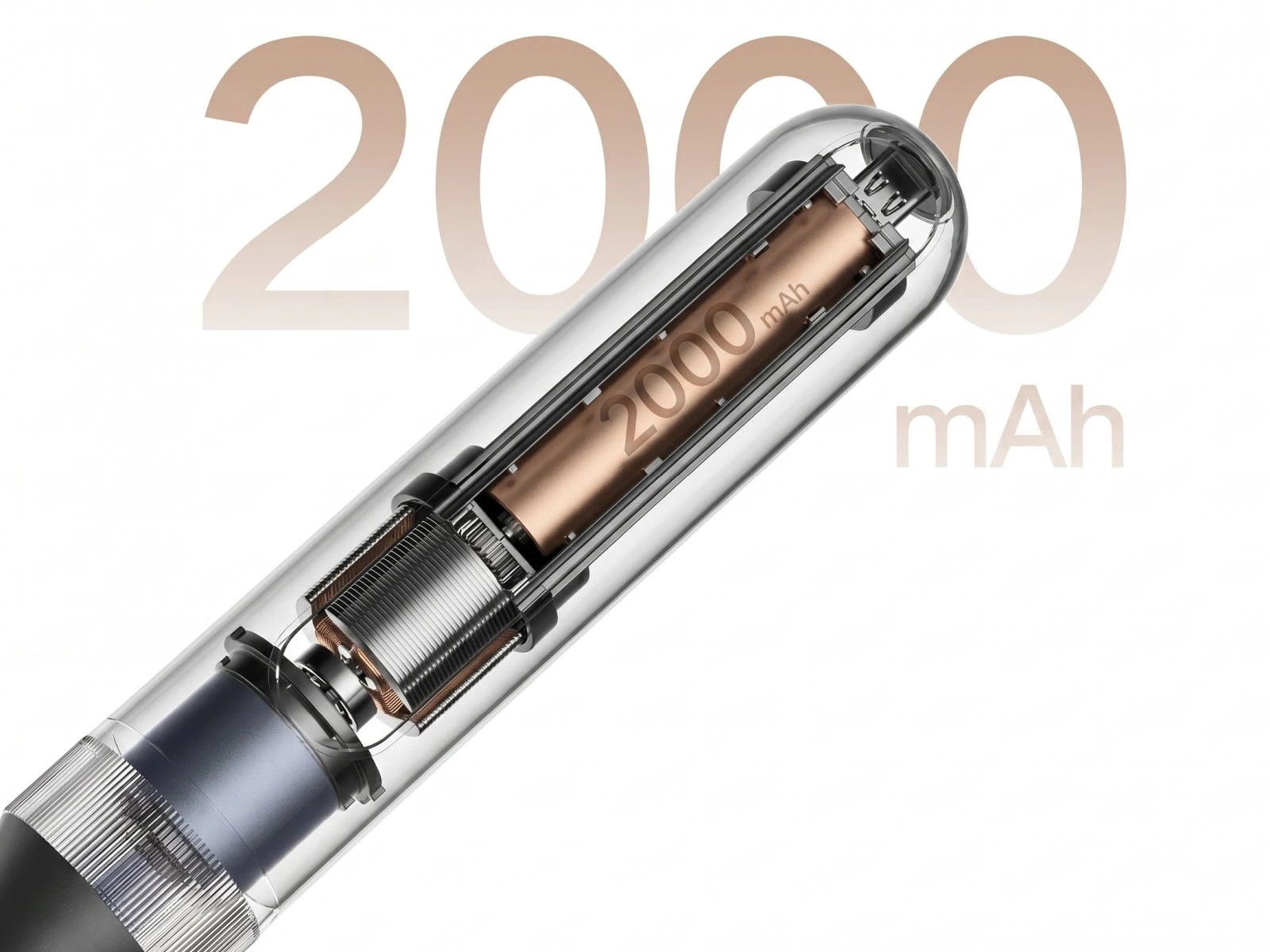 Przekrój przezroczystej obudowy akumulatorowej wkrętarki ukazujący silnik oraz ogniwo zasilające 2000mah