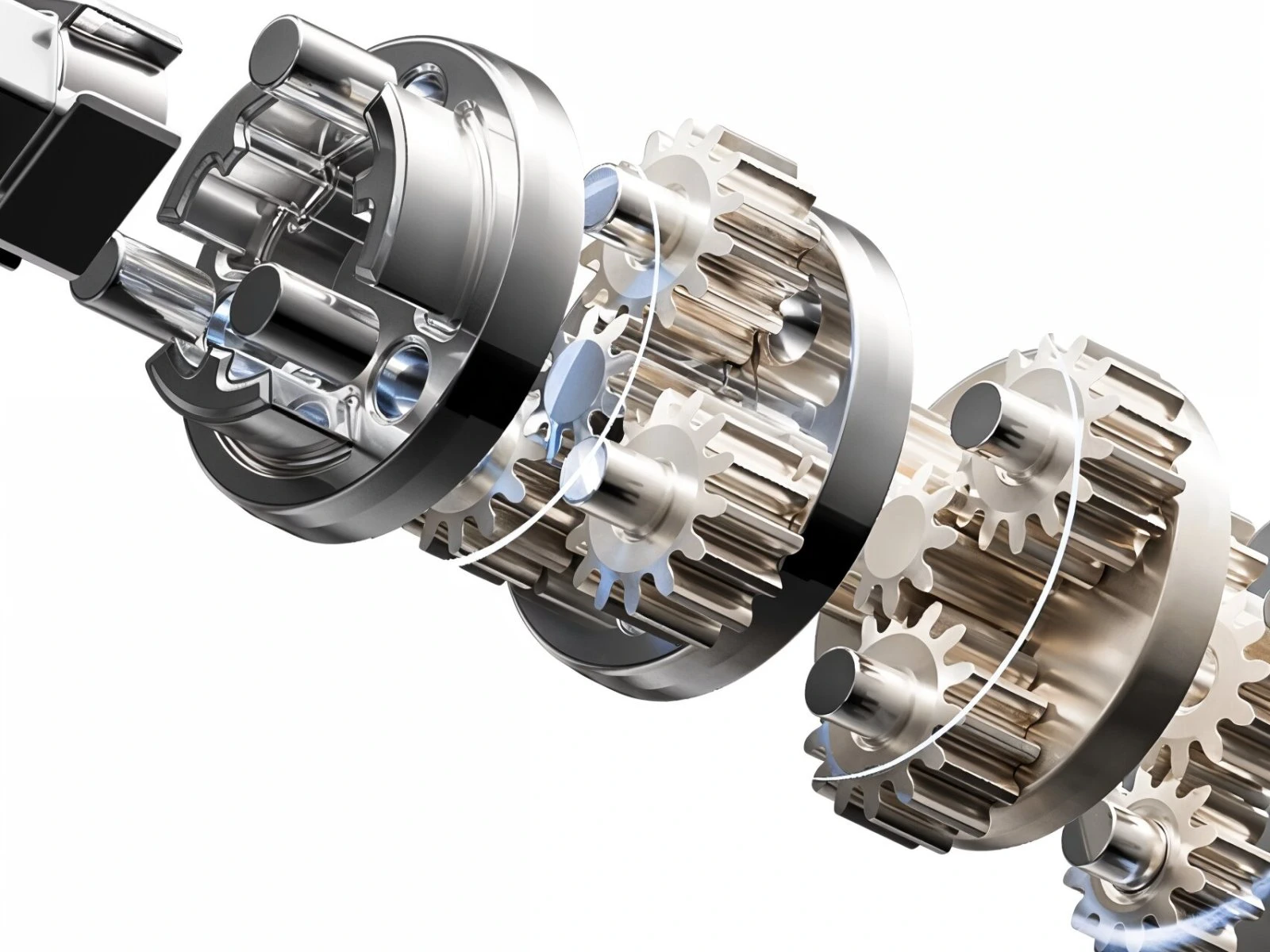 Szczegółowy schemat metalowych kół zębatych tworzących mechanizm przekładni wkrętarki mijia
