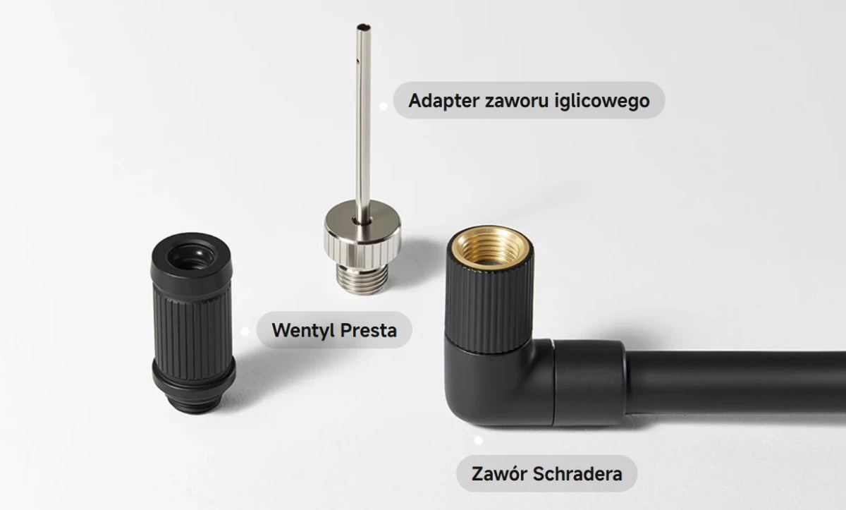 Akcesoria kompresora: adapter do wentyli Presta, igła do pompowania piłek oraz końc&oacute;wka z zaworem Schradera
