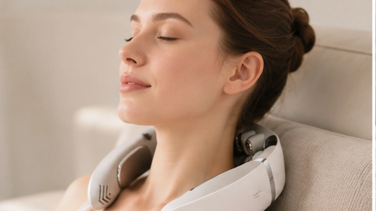 Cordless STAY BEAUTY CW1 neck massager during home relaxation
