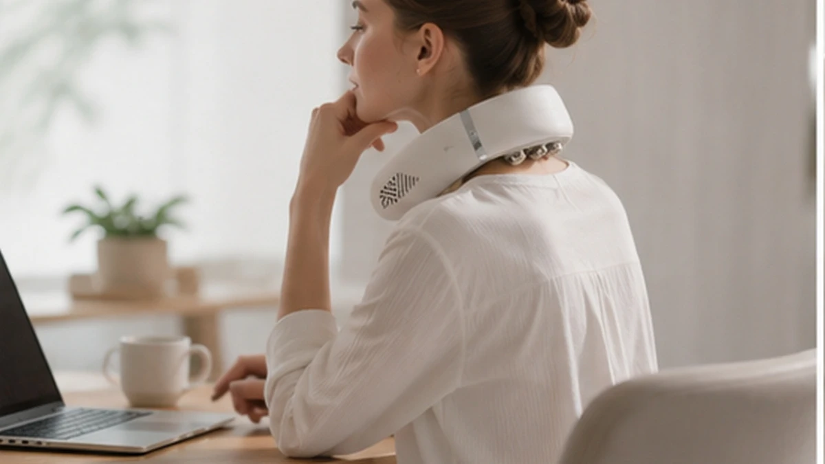 STAY BEAUTY CW1 neck massager used while working on a laptop
