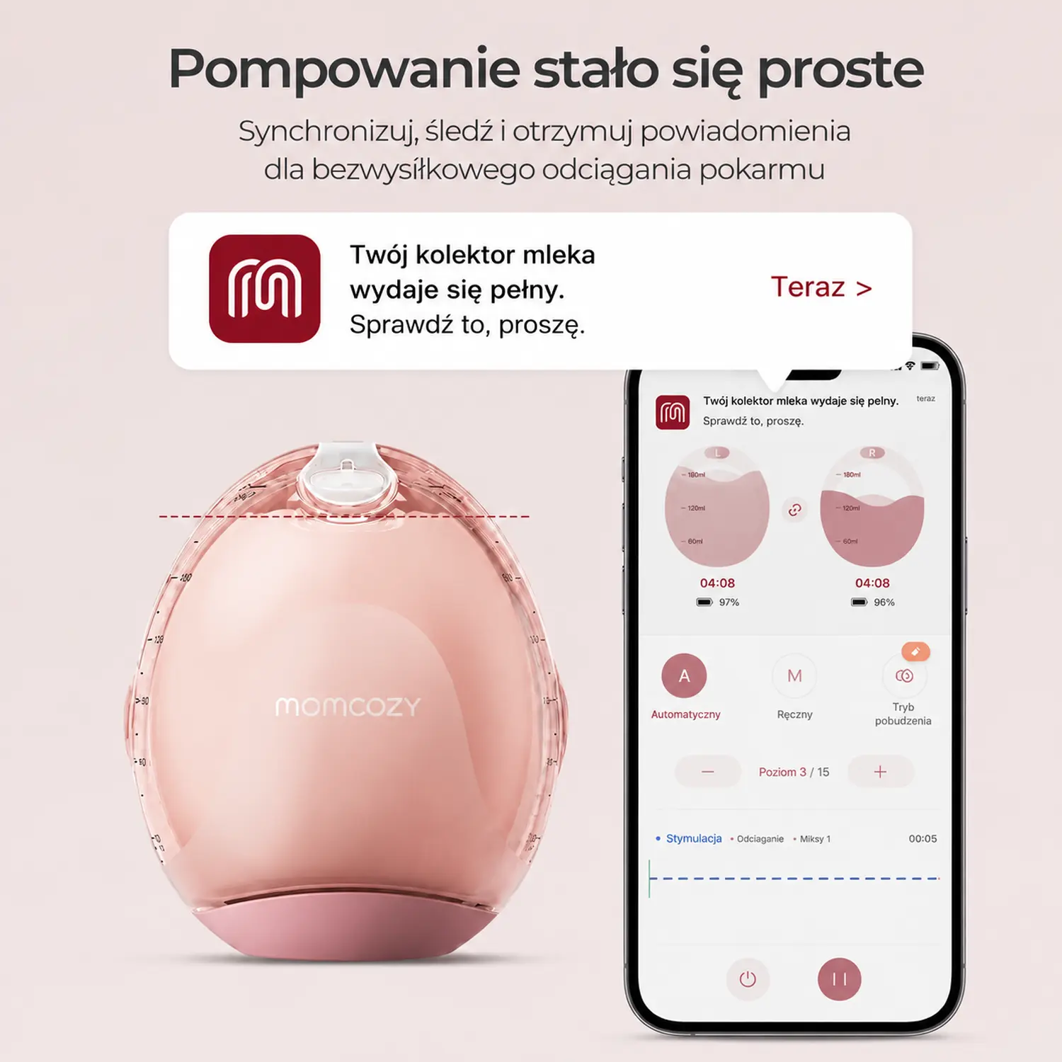 Молокоотсос Momcozy с видимым резервуаром для молока и уведомлением в приложении, демонстрация функции контроля уровня молока