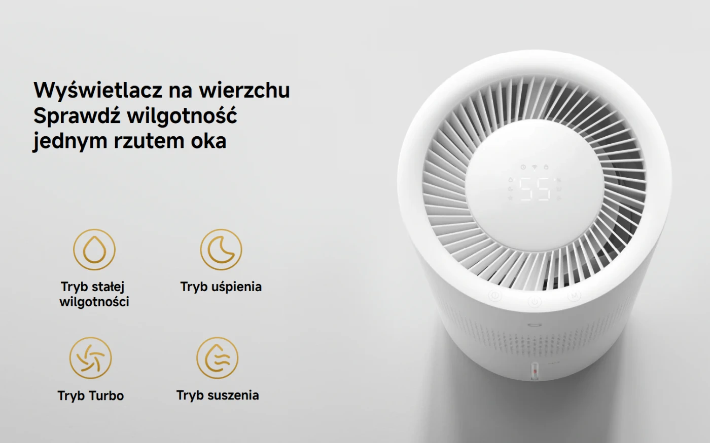 Верхняя панель увлажнителя с цифровым дисплеем и иконками режимов работы: постоянная влажность, сон, турбо и сушка