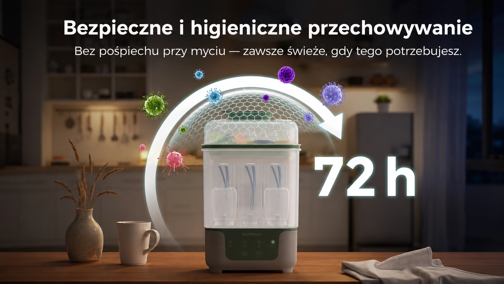 Interior del esterilizador Momcozy con biberones y chupetes colocados