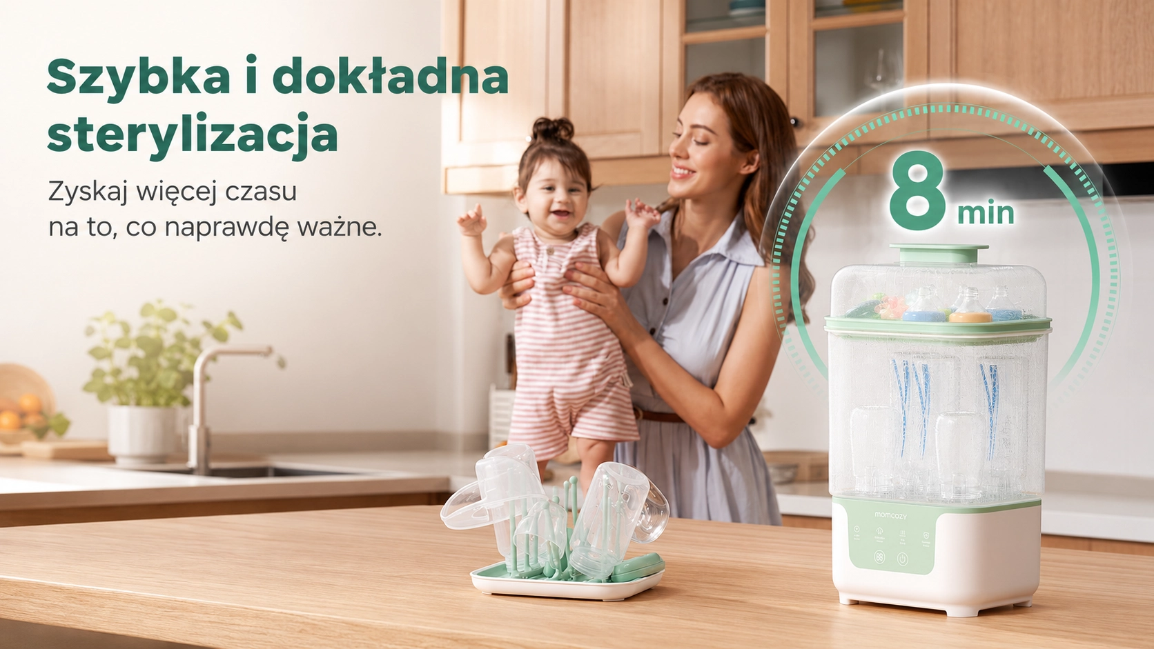 Módulos desmontados del esterilizador Momcozy preparados para su almacenamiento