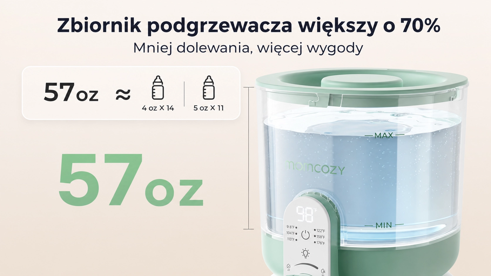Imagem que apresenta um reservatório 70% maior do aquecedor, com capacidade de 57 oz, reduzindo a necessidade de reabastecimento frequente.
