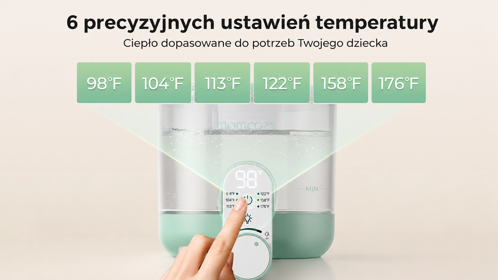 Imagem que mostra 6 ajustes precisos de temperatura, permitindo adaptar o calor da água às necessidades da criança.