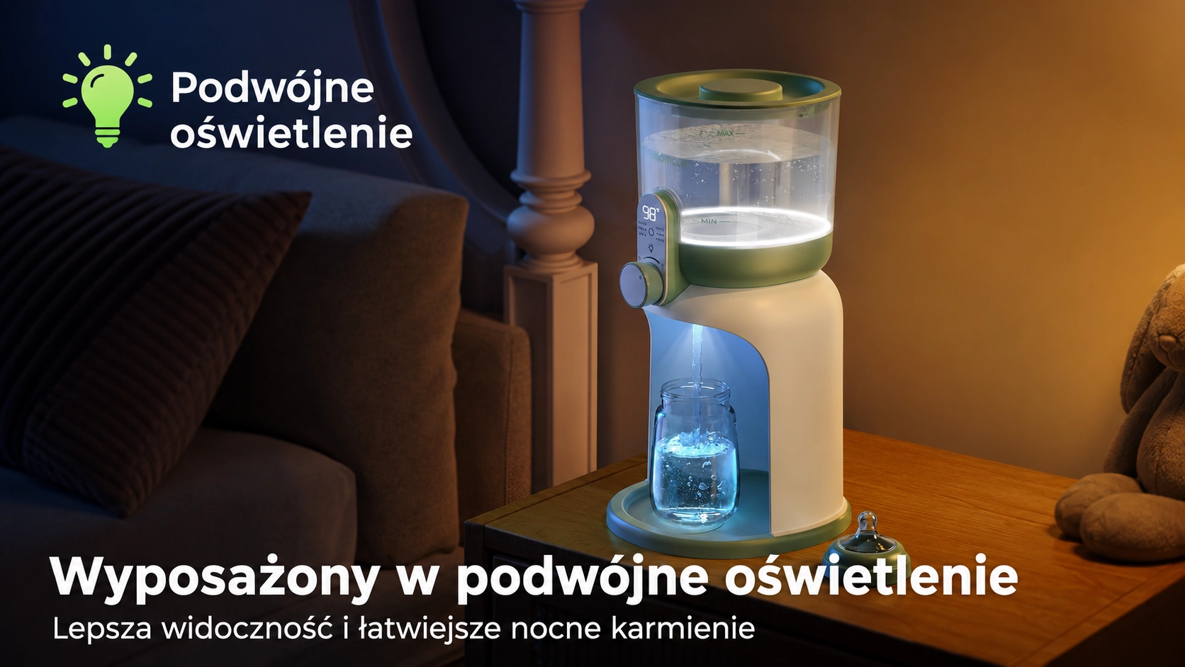 Imagem que mostra o aquecedor equipado com iluminação dupla, facilitando o uso do aparelho durante a alimentação noturna.