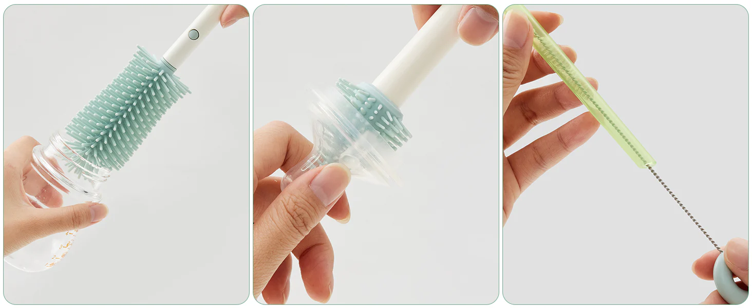 Três painéis mostram a limpeza de um biberão, uma chupeta e uma palhinha estreita com diferentes pontas de silicone.
