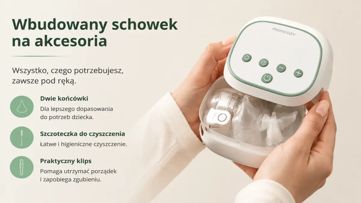 Ręce dorosłego trzymają aspirator z wbudowanym schowkiem, widoczne końcówki w przezroczystym etui, gotowy do użycia.