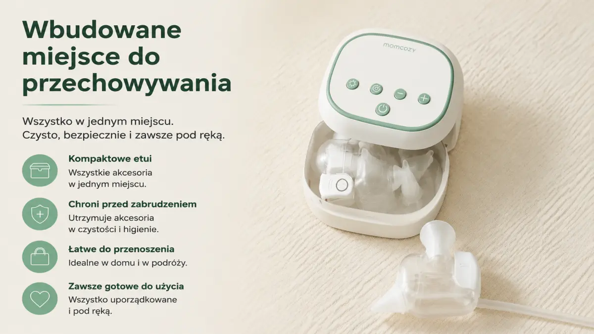 Otwarty schowek aspiratora na akcesoria, wszystkie końcówki uporządkowane, urządzenie trzymane w dłoniach.