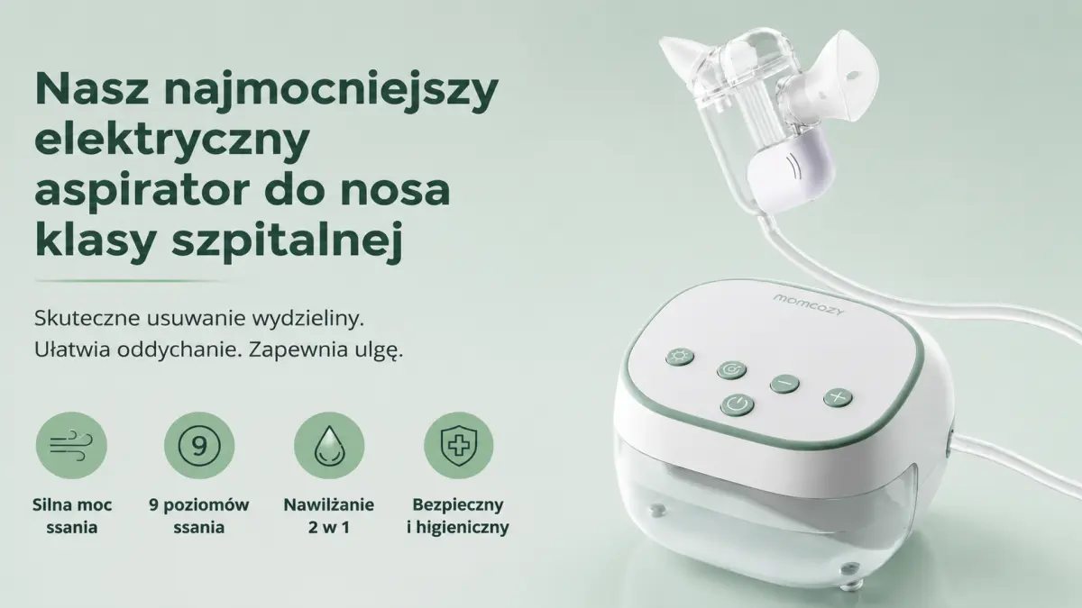 Elektryczny aspirator do nosa z funkcją nawilżania i regulacją ssania, widoczny z bliska na jasnym tle.