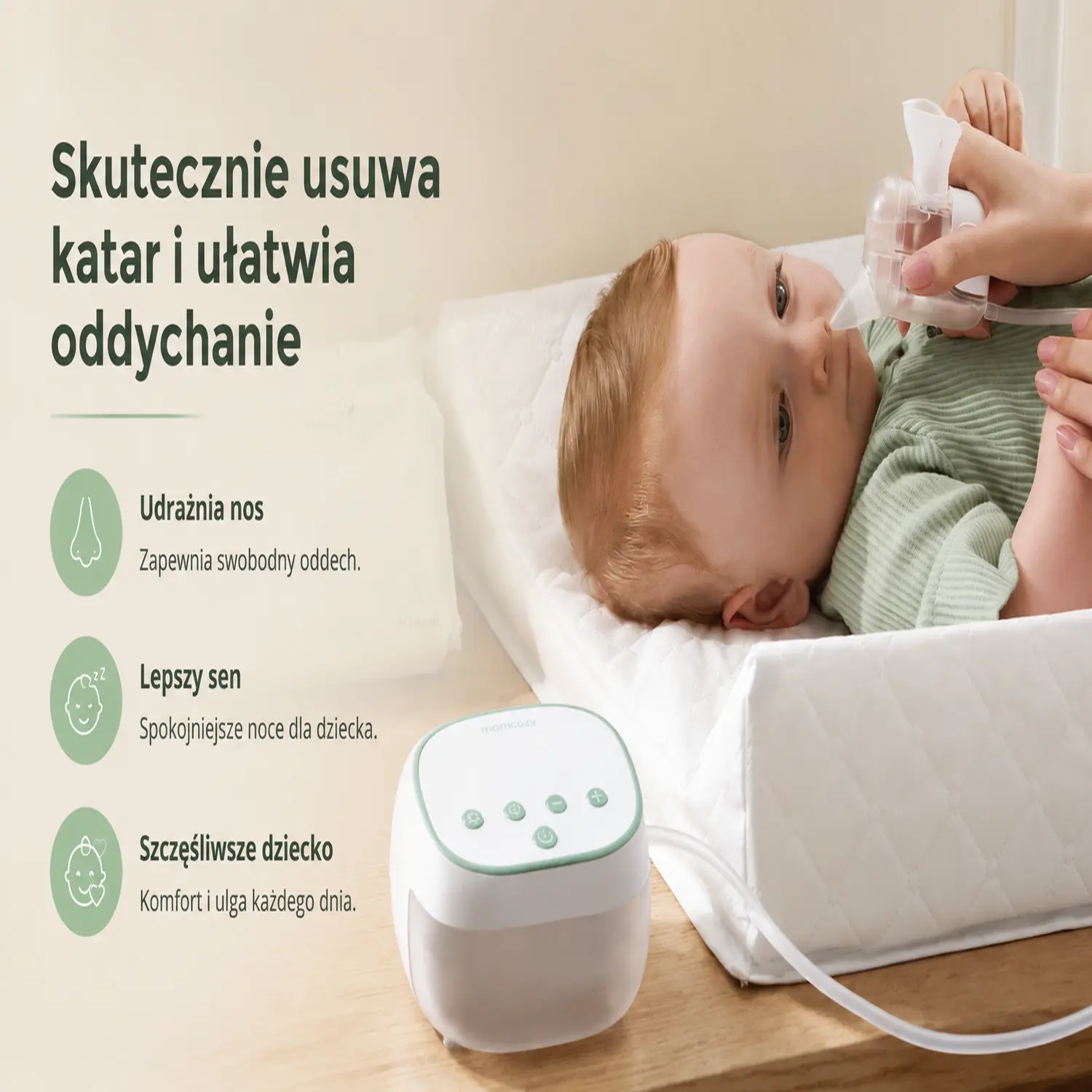 Elektrischer Nasensauger Momcozy BreezyClear Pro™ mit Zubehör in heller Farbgebung