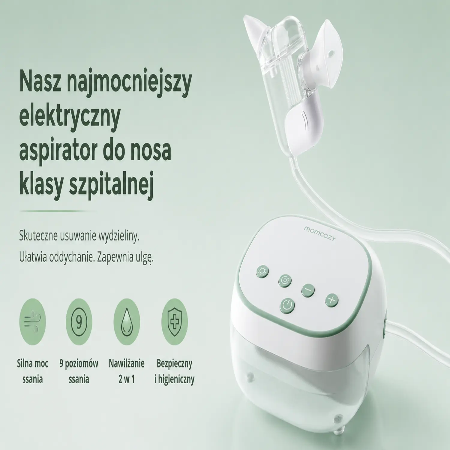 Anwendung des Momcozy BreezyClear Pro™-Nasensaugers mit Absaugen von Sekret aus der Nase des Kindes