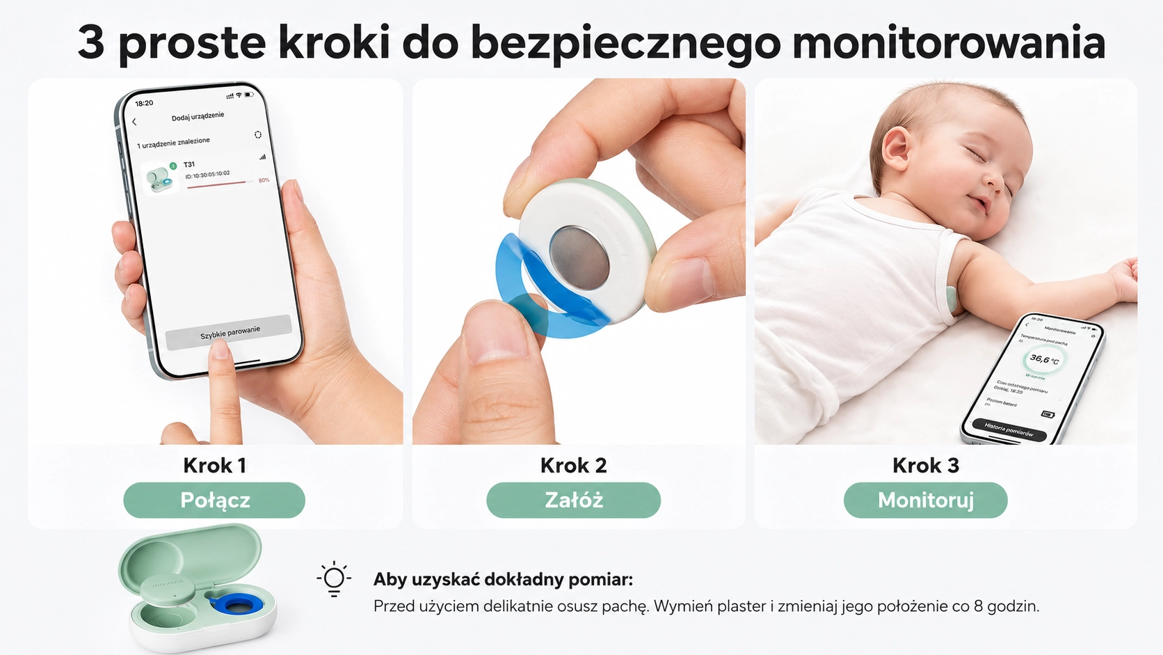 Obrázek ukazuje tři jednoduché kroky obsluhy teploměru: připojení k aplikaci, nasazení zařízení a sledování měření.