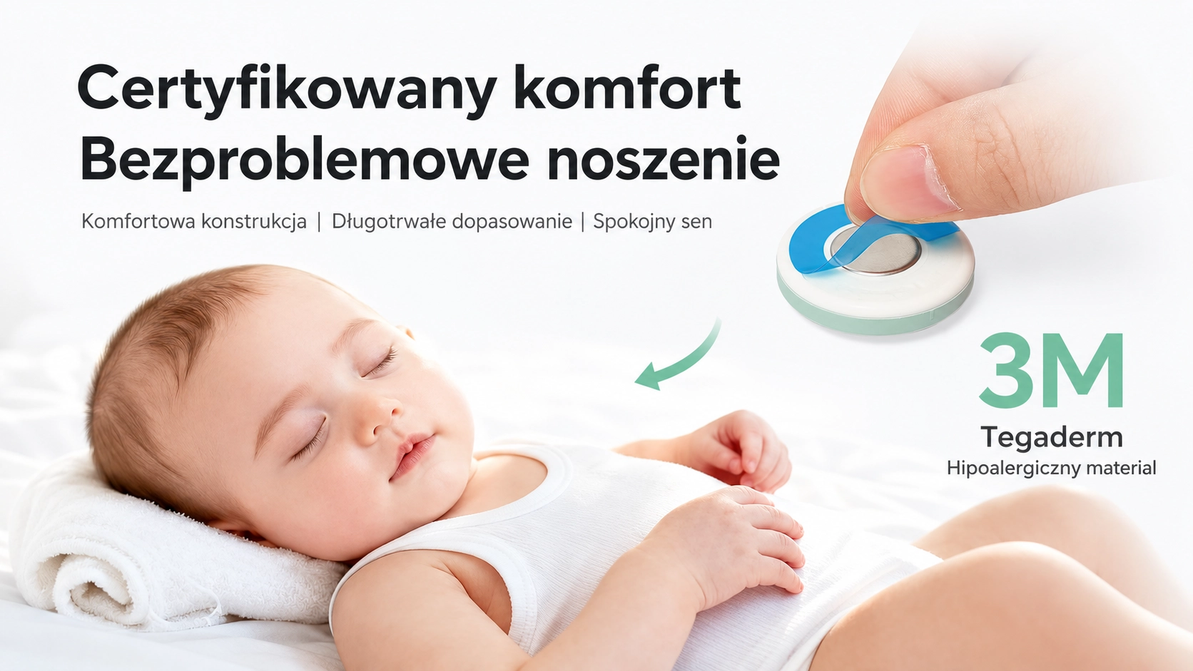Obrázek prezentuje pohodlné nošení teploměru díky hypoalergenní náplasti 3M Tegaderm.