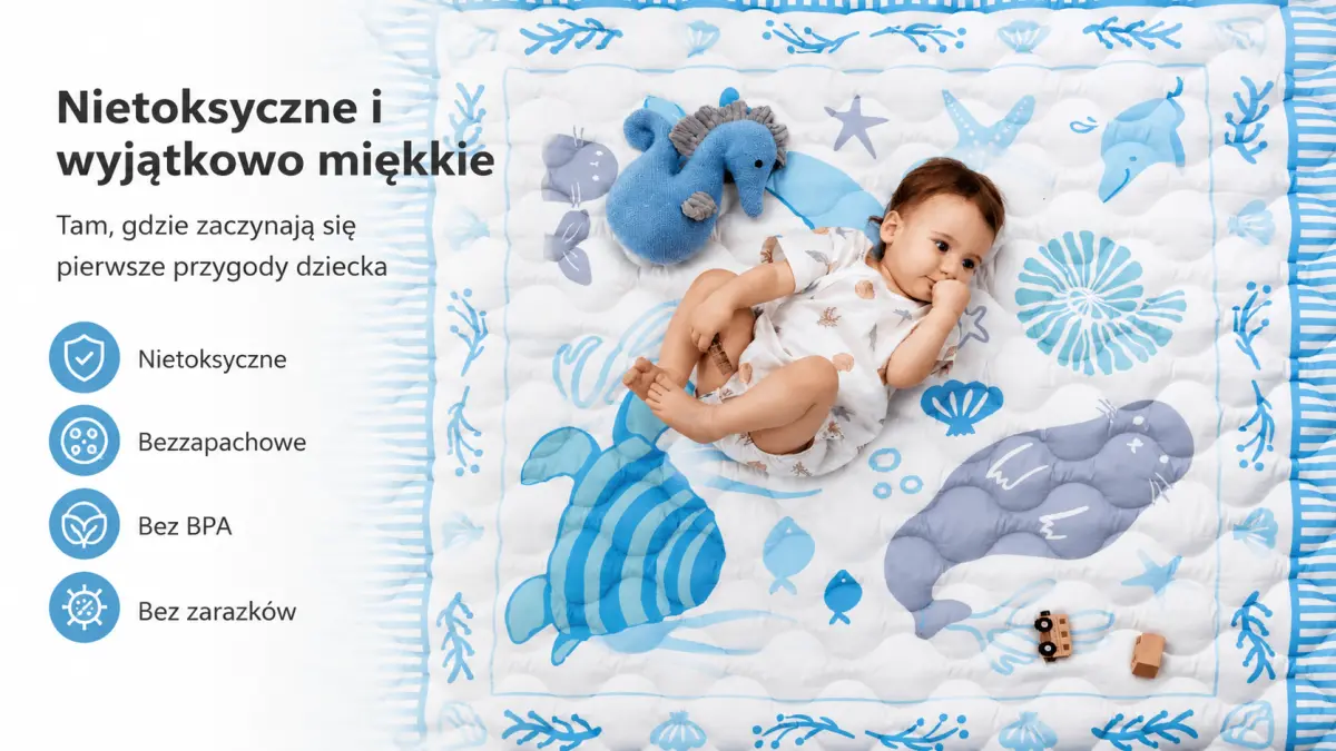 Dítě leží na podložce s motivem mořských zvířat, podložka v celkovém pohledu s kostkami a plyšovou hračkou, zdůrazněna měkkost a bezpečnost.