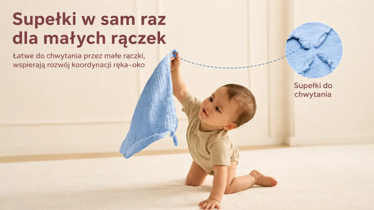 Bambino che afferra i nodi della copertina, favorendo lo sviluppo della coordinazione mano-occhio e facile da tenere con le piccole mani.
