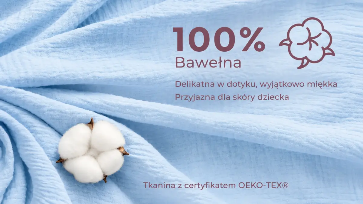 Tessuto blu della copertina con certificato OEKO-TEX®, realizzato al 100% in cotone, delicato e morbido, adatto alla pelle del bambino.
