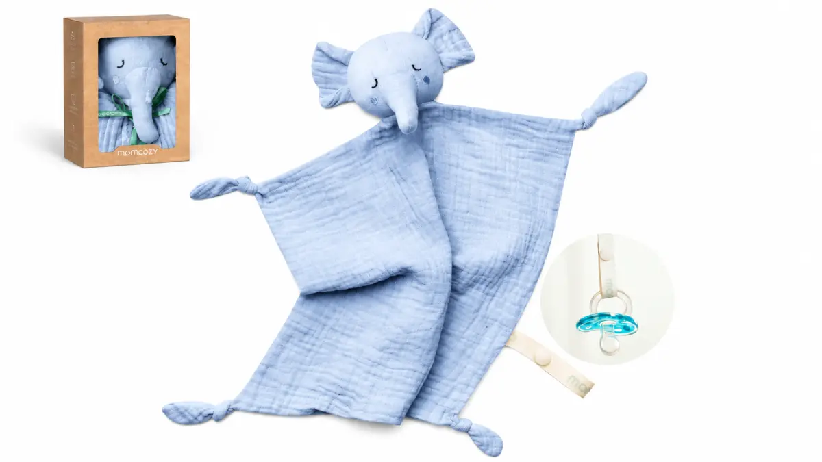 Cobertor de peluche azul em forma de elefante numa caixa, algod&atilde;o macio com suporte para chupeta