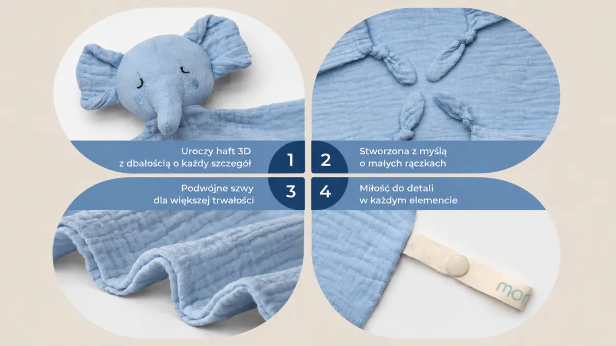 Detalhes do cobertor: cabe&ccedil;a de elefante bordada, n&oacute;s nos cantos, costura dupla e refor&ccedil;o, suporte para chupeta