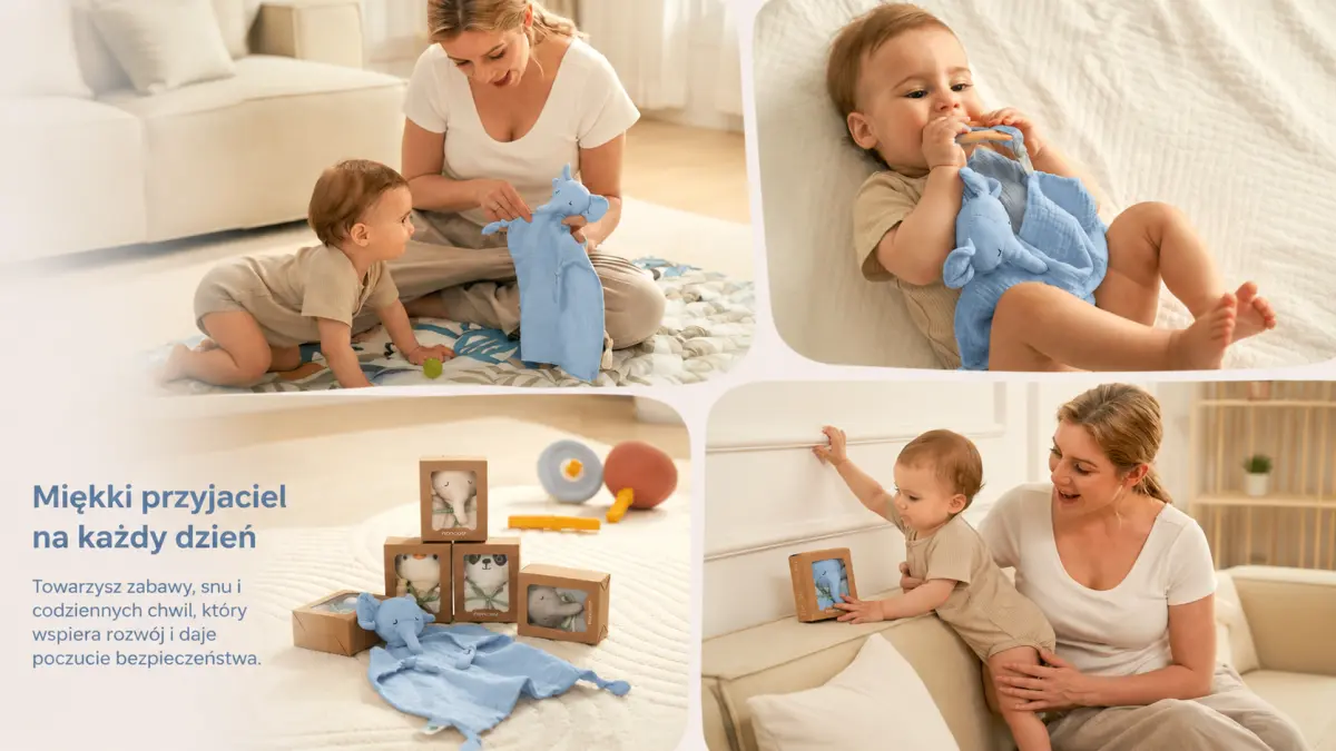 V&aacute;rias composi&ccedil;&otilde;es do produto: crian&ccedil;as brincam, deitam-se e observam o cobertor-elefante, com embalagens e brinquedos vis&iacute;veis ao fundo