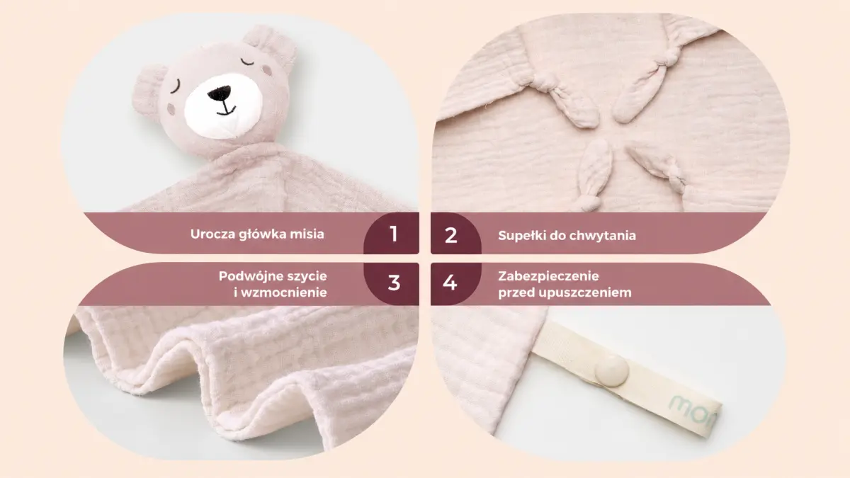 Detalhes do len&ccedil;o-cobertor rosa: cabe&ccedil;a de ursinho, n&oacute;s nos cantos, costura dupla e bordas refor&ccedil;adas, tira de seguran&ccedil;a.