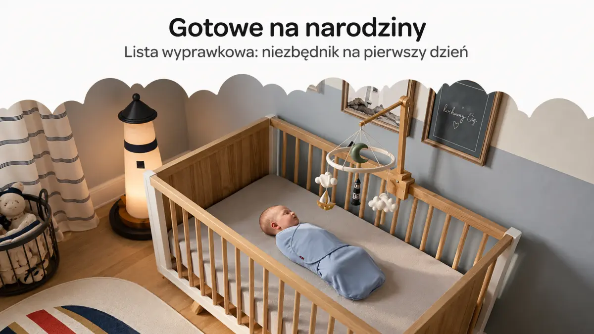 A baby wrapped in a blue swaddle lies in a wooden cot