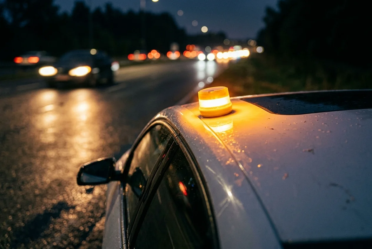 Pomarańczowa świecąca lampa ostrzegawcza zamontowana na dachu samochodu stojącego poboczu drogi nocą