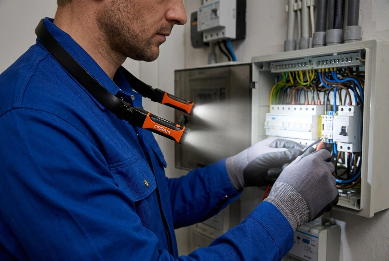 Elektryk w niebieskim kombinezonie i rękawicach naprawia skrzynkę rozdzielczą, oświetlając ją lampą zawieszoną na szyi