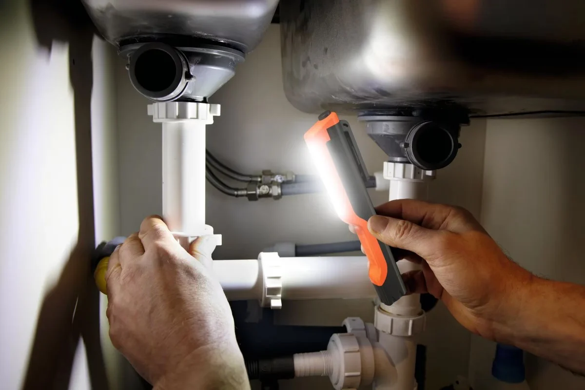 Ręce hydraulika naprawiającego rury pod zlewem, oświetlone wąską, pomarańczowo-szarą latarką warsztatową LED