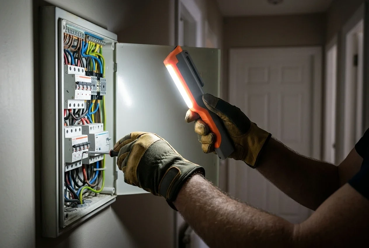 Elektryk w rękawicach naprawiający rozdzielnicę elektryczną przy użyciu latarki inspekcyjnej