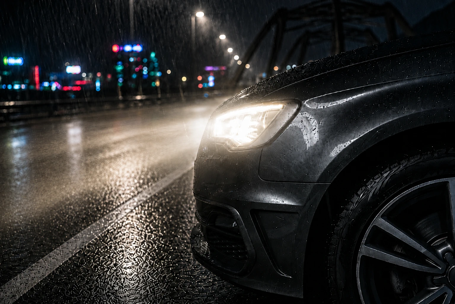 Ciemny samochód na mokrej ulicy w deszczowej, nocnej scenerii z włączonym reflektorem